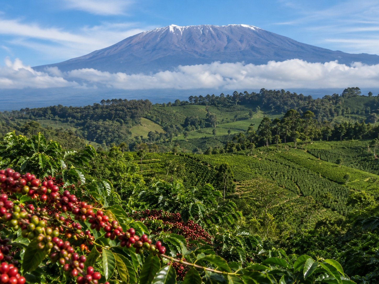 A close-up, editorial-style portrait of a smiling Tanzanian coffee farmer holding a handful of ripe red coffee cherries. The background shows the lush, green foliage of a plantation in the Kilimanjaro foothills, softly blurred. The lighting is natural and vibrant, highlighting the textures of the beans and the warm, welcoming expression of the farmer.